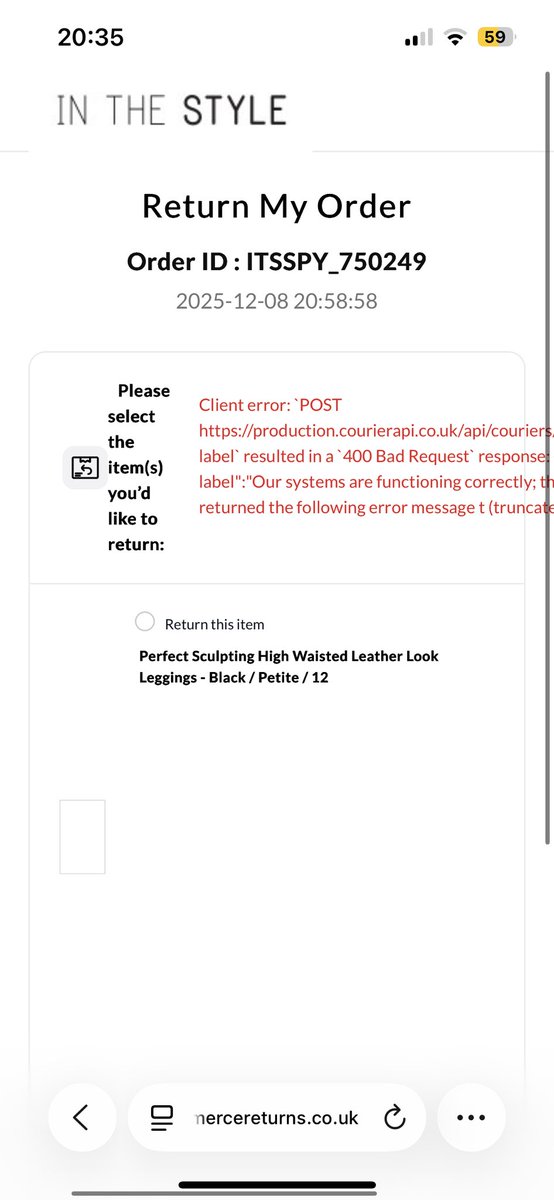 rainbow_emzy's tweet photo. @inthestyleUK help. Trying to sort returns and when I select everything I get this error https://t.co/roiWIQL5U0