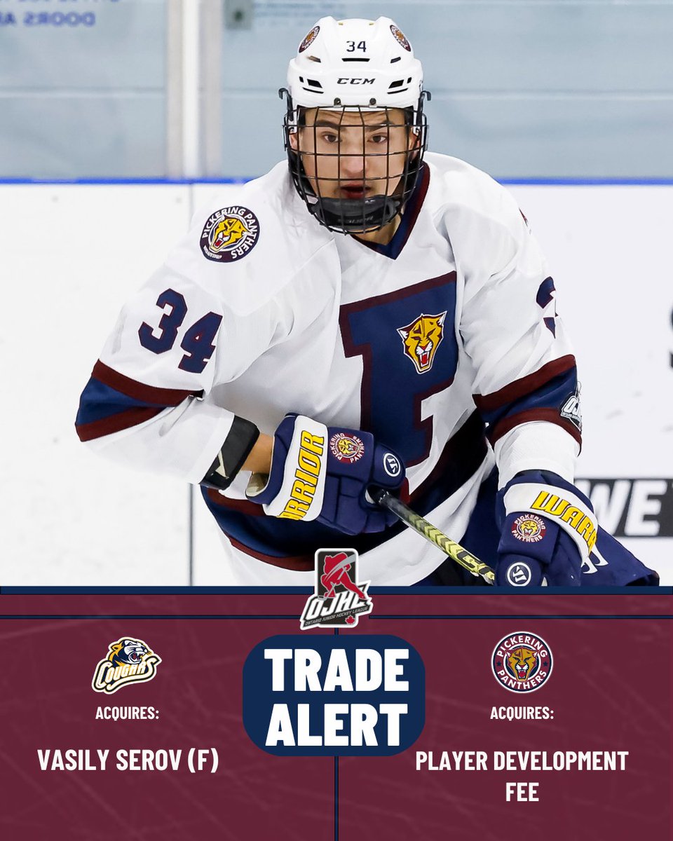 PanthersOJHL's tweet image. TRADE ALERT 🚨

The Panthers have traded ’07 F Vasily Serov to the Burlington Cougars for a Player Development Fee.

Serov put up 13 points in 13 games with Pickering.
Thank you, Vasily, for your efforts — best of luck in Burlington. 🐾
📸 OJHL Images
#OJHL #TradeAlert