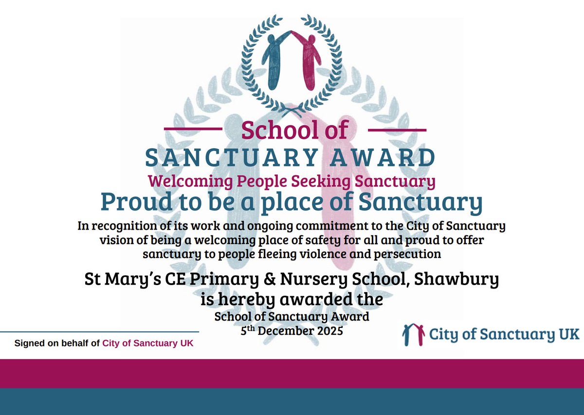 primaryStMarys's tweet photo. St Mary’s Primary School has been officially awarded the prestigious School of Sanctuary status! This recognises the tireless work of our whole community to create a safe, inclusive environment for all children &amp; families. #respect #inclusive @SchsofSanctuary @empower_trust https://t.co/VqU9CKjoVC