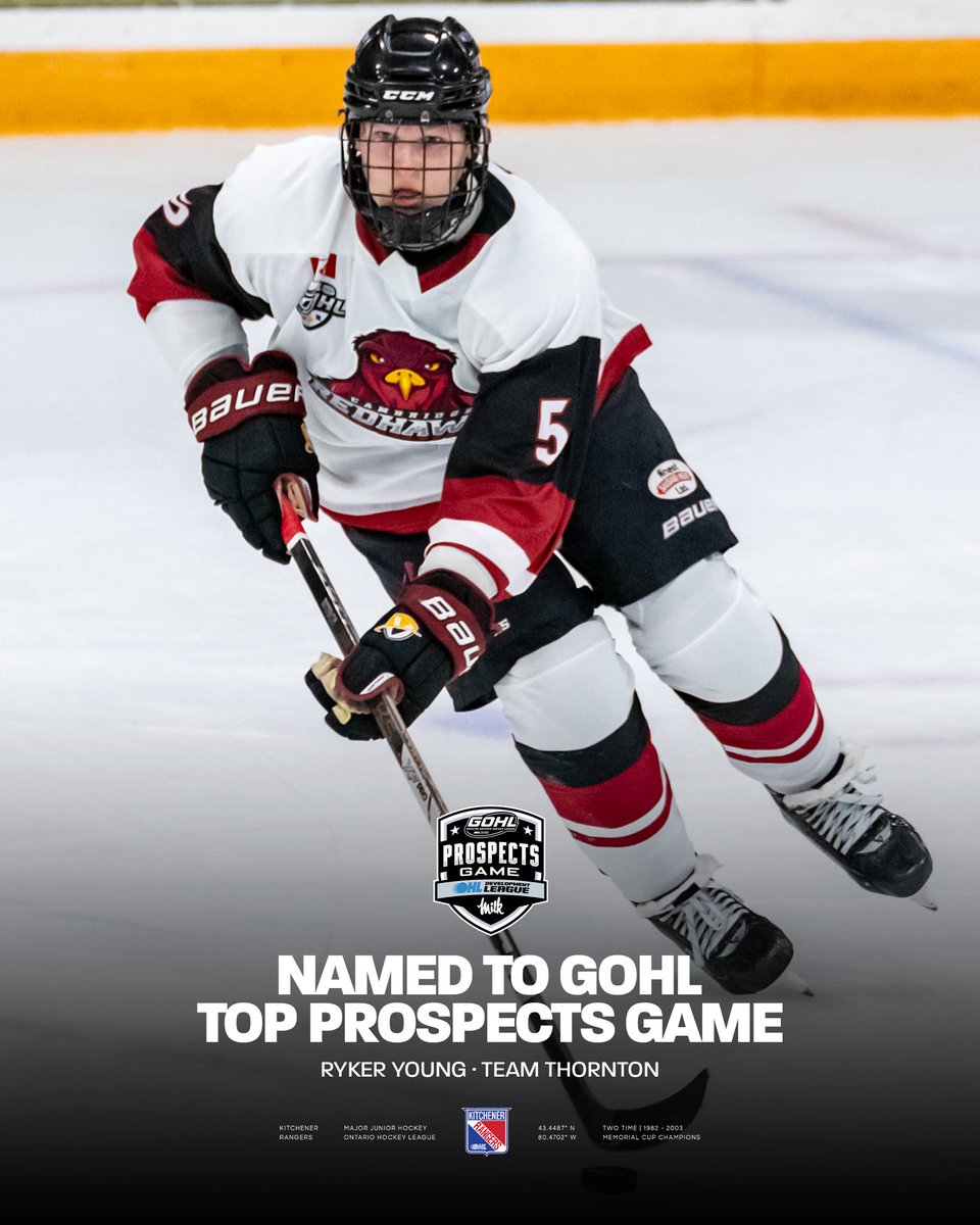 OHLRangers's tweet photo. Three Kitchener Rangers prospects have been named to the GOHL Top Prospects Game in Peterborough! 

Alex Forrest (D)
Logan Massimi (D)
Ryker Young (D)

Details 🗞️: https://t.co/BZyB4q2Z7r

#RTown | #BattleBuilt https://t.co/GFYJRCu6RS