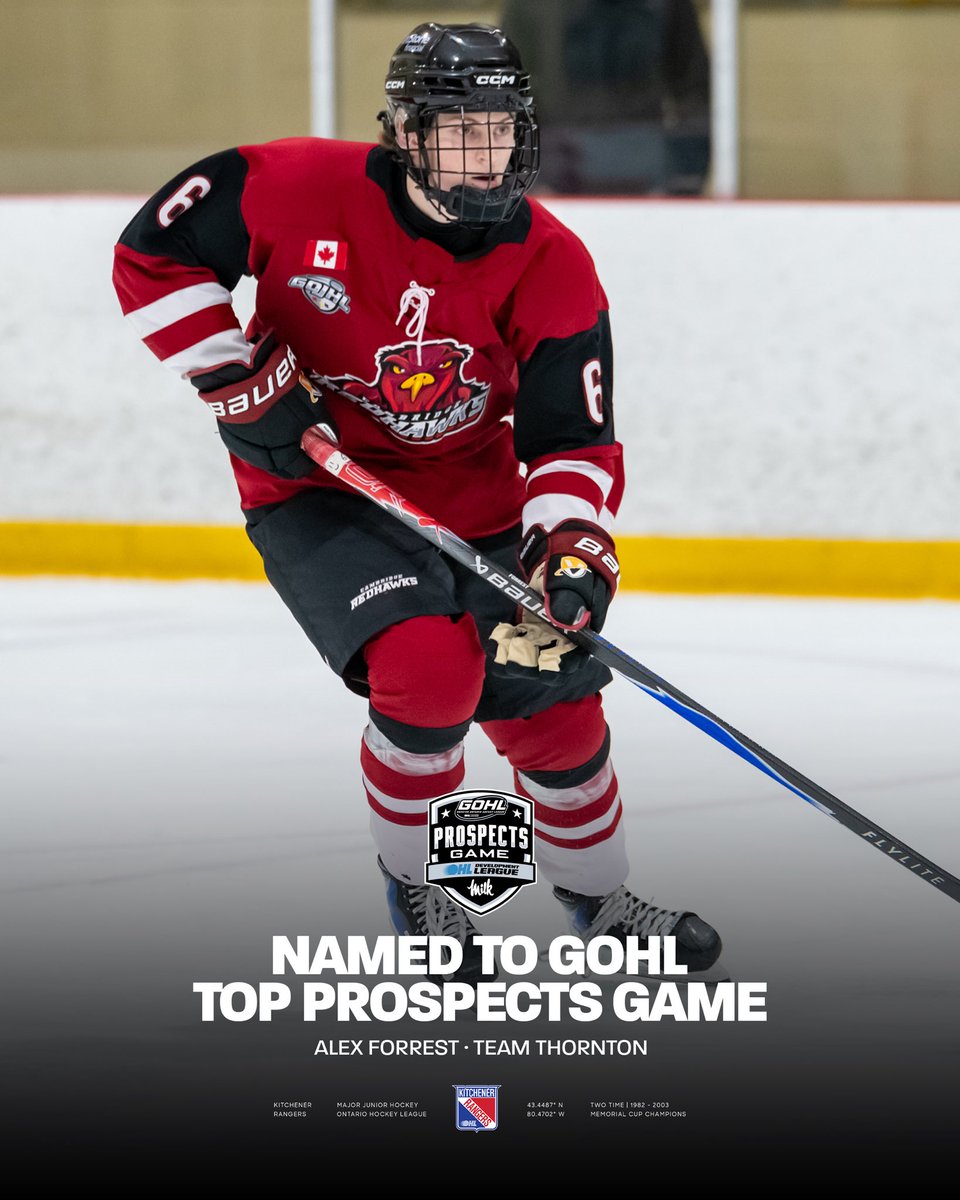 OHLRangers's tweet photo. Three Kitchener Rangers prospects have been named to the GOHL Top Prospects Game in Peterborough! 

Alex Forrest (D)
Logan Massimi (D)
Ryker Young (D)

Details 🗞️: https://t.co/BZyB4q2Z7r

#RTown | #BattleBuilt https://t.co/GFYJRCu6RS