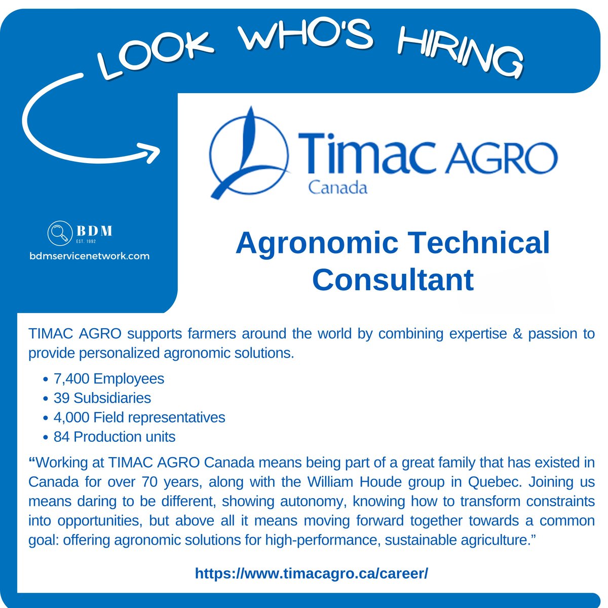 jobsfrombdm's tweet image. 🍁 #JobAlert 🇨🇦
Agronomic Technical Consultant – Lloydminster 🌱
📍 Lloydminster, Alberta
→ Timac Agro Canada
🔗 timacagro.ca/jobs/agronomic…

#AlbertaJobs #Lloydminster #OpportunityAlert #AgronomyJobs #Hiring #HiringAlert #Jobs #Careers #HiringNow #NowHiring