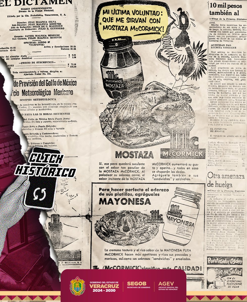 Un anuncio de McCormick que hoy nos resulta tan ingenioso como curioso: un pollo “declara” su última voluntad al pedir ser servido con mostaza. Una forma creativa —muy propia de la época— de conectar el producto con la mesa

#ClickHistórico #NavidadDeAyer #Veracruz