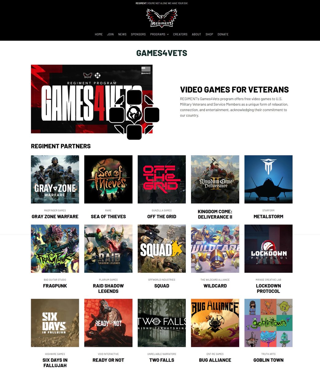 RegimentGG's tweet image. In the past 5 months, we have provided hundreds of thousands of dollars of FREE Video Games &amp;amp; in-game items to Military Veterans through our @Games4Vets program! 🇺🇸 

Shoutout to all of our amazing Games4Vets partners for making this possible. 

#TheREGIMENT | #Games4Vets