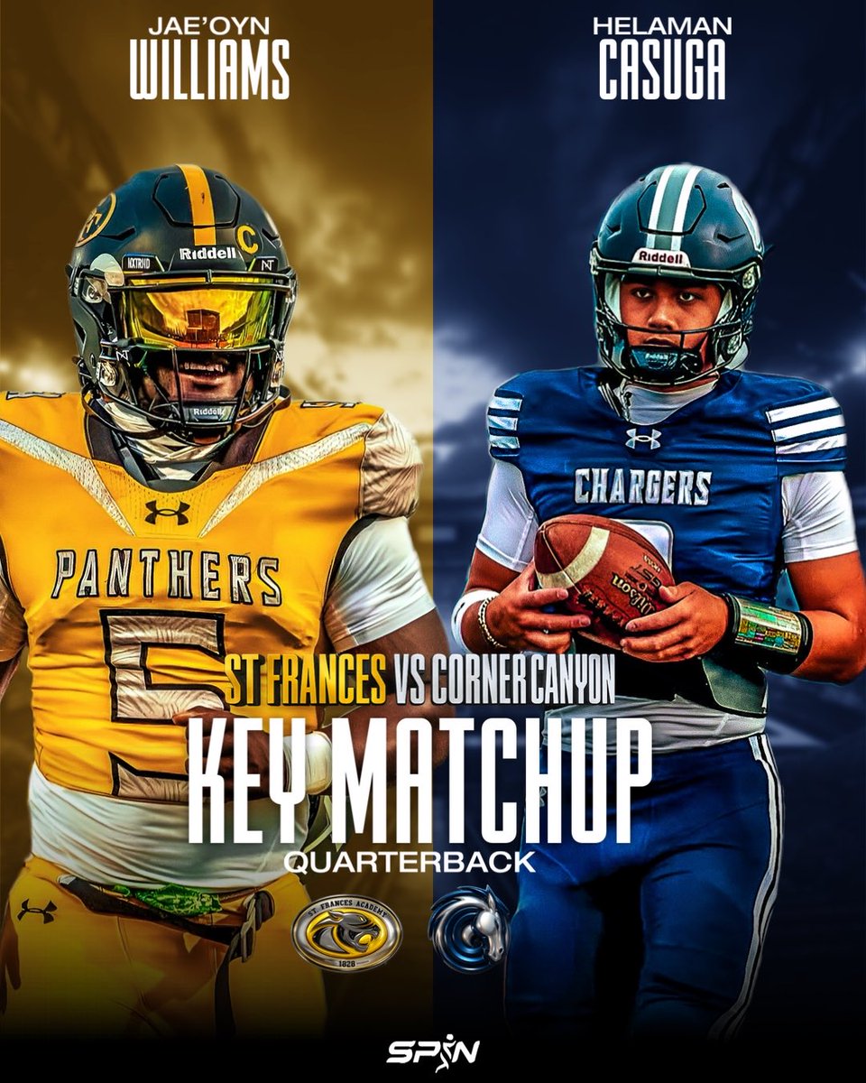 SportsIdolMedia's tweet image. QB battle locked in:
Jae’Oyn Williams (SFA) vs Helaman Casuga (Corner Canyon) — two rising talents headlining today’s national matchup.
Which QB has the edge? 👀🏈

#HSFB #HighSchoolFootball #StFrancesAcademy #CornerCanyon #JaeOynWilliams #HelamanCasuga #QBMatchup