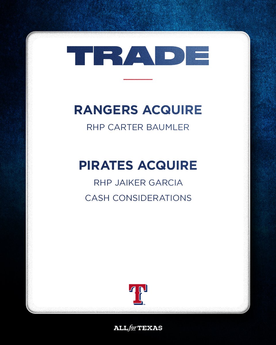 We’ve acquired RHP Carter Baumler from Pittsburgh in exchange for RHP Jaiker Garcia and cash considerations.