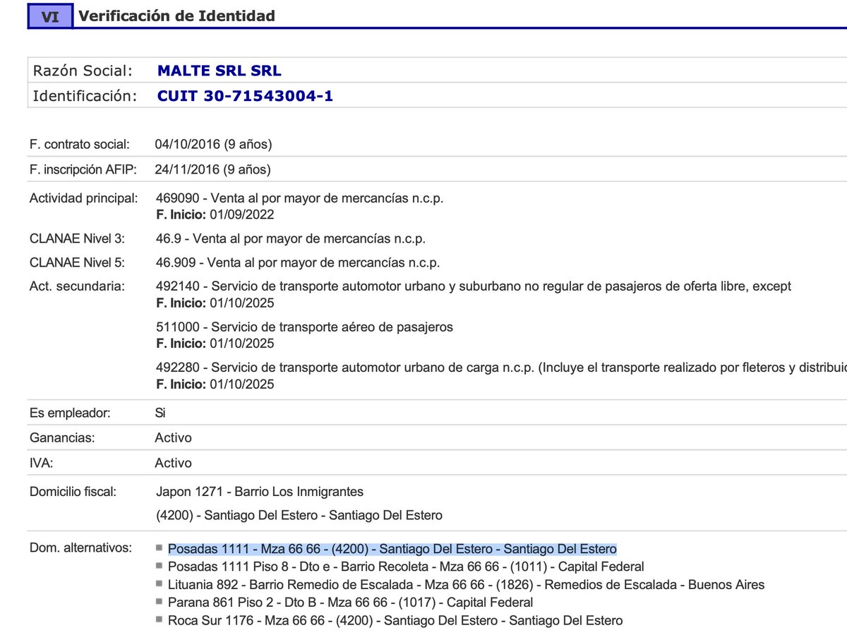 camidolabjian's tweet image. El domicilio de la ex dueña de la mansión de Pilar (Malte SRL) es el MISMO que el de la sociedad detrás del hotel de Toviggino (HT SRL). Su dirección compartida: Posadas 1111, Barrio Los Inmigrantes, Santiago del Estero. El año pasado Malte le vendió la finca a los presuntos…