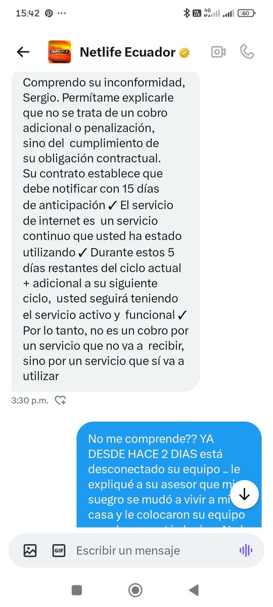 SergioRon76's tweet photo. @Arcotel_ec Pueden constatar la renuencia de @NetlifeEcuador a aceptar que pedí UNA SEMANA antes del corte y quieren obligarme a permanecer y pagar un mes adicional, van a perder no uno sino 2 clientes y me encargaré de que todos se den cuenta del tipo de abusos a los que vivimos expuestos.. https://t.co/eh4P5DkmsT