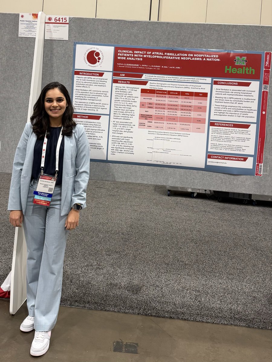 MUIntMed's tweet photo. We are so proud of our PGY2, Dr. Gundakaram, for presenting a poster at ASH 2025 and for receiving an Abstract Achievement Award for her work. Congratulations, Samhitha! #ASH25 @ASH_hematology https://t.co/KSlDzq5bbq