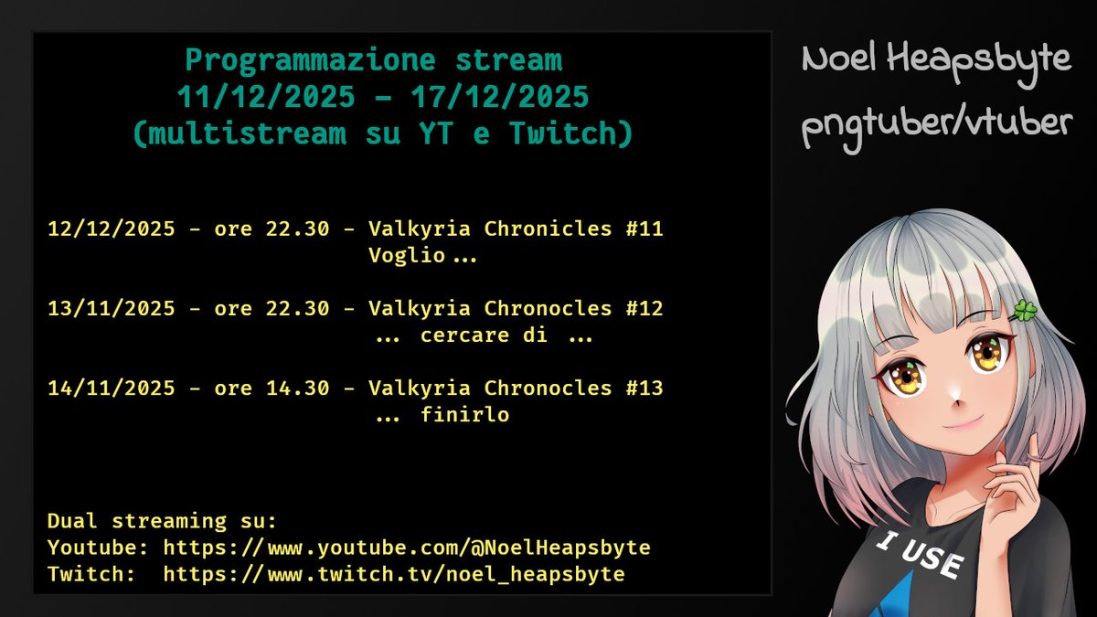 Piano degli stream della settimana, l'ultima prima del periodo di ferie... maratona Valkyria Chronocles, vediamo se riesco a finirlo prima di partire...