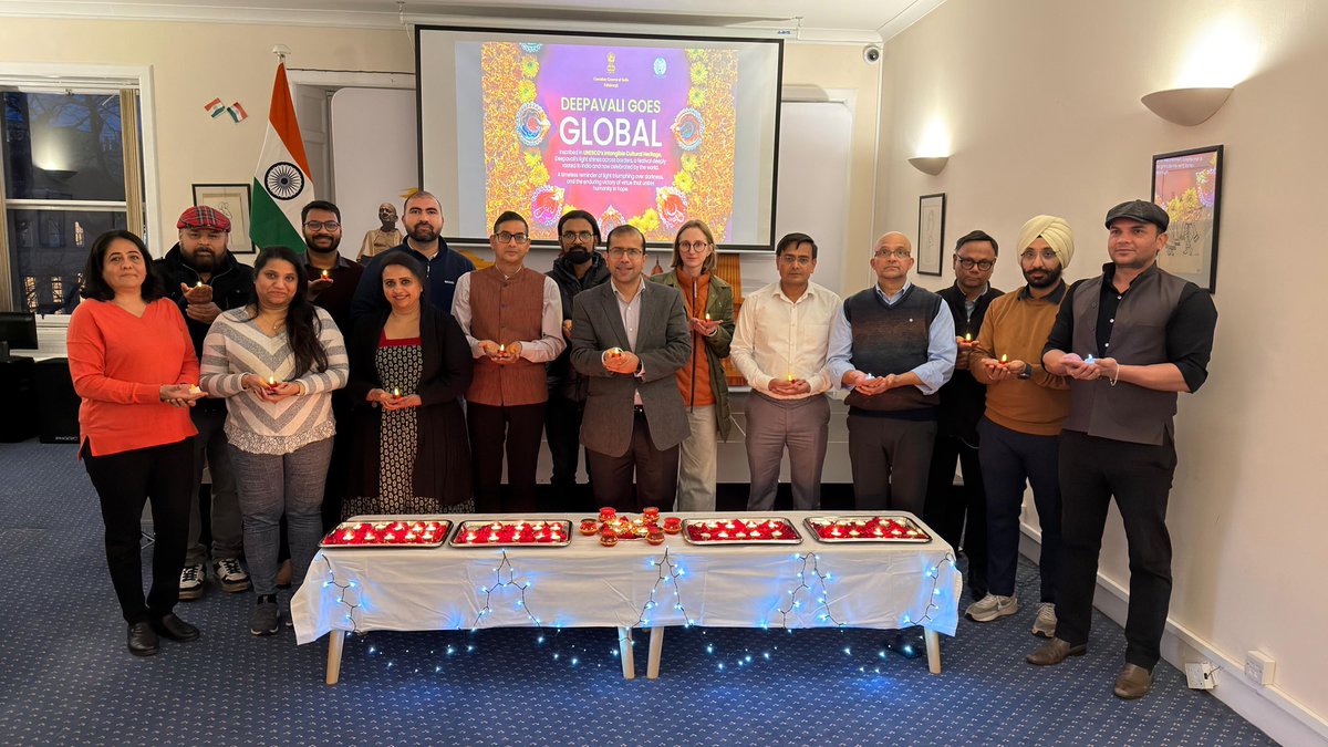 IndiaInScotland's tweet photo. 🪔Deepavali goes Global. 🌍 

A historic moment as Deepavali is inscribed on @UNESCO’s Intangible Cultural Heritage List of Humanity.
To mark this proud global recognition, the Consulate along with Indian community members across Scotland organised special celebratory activities including the lighting of diyas.