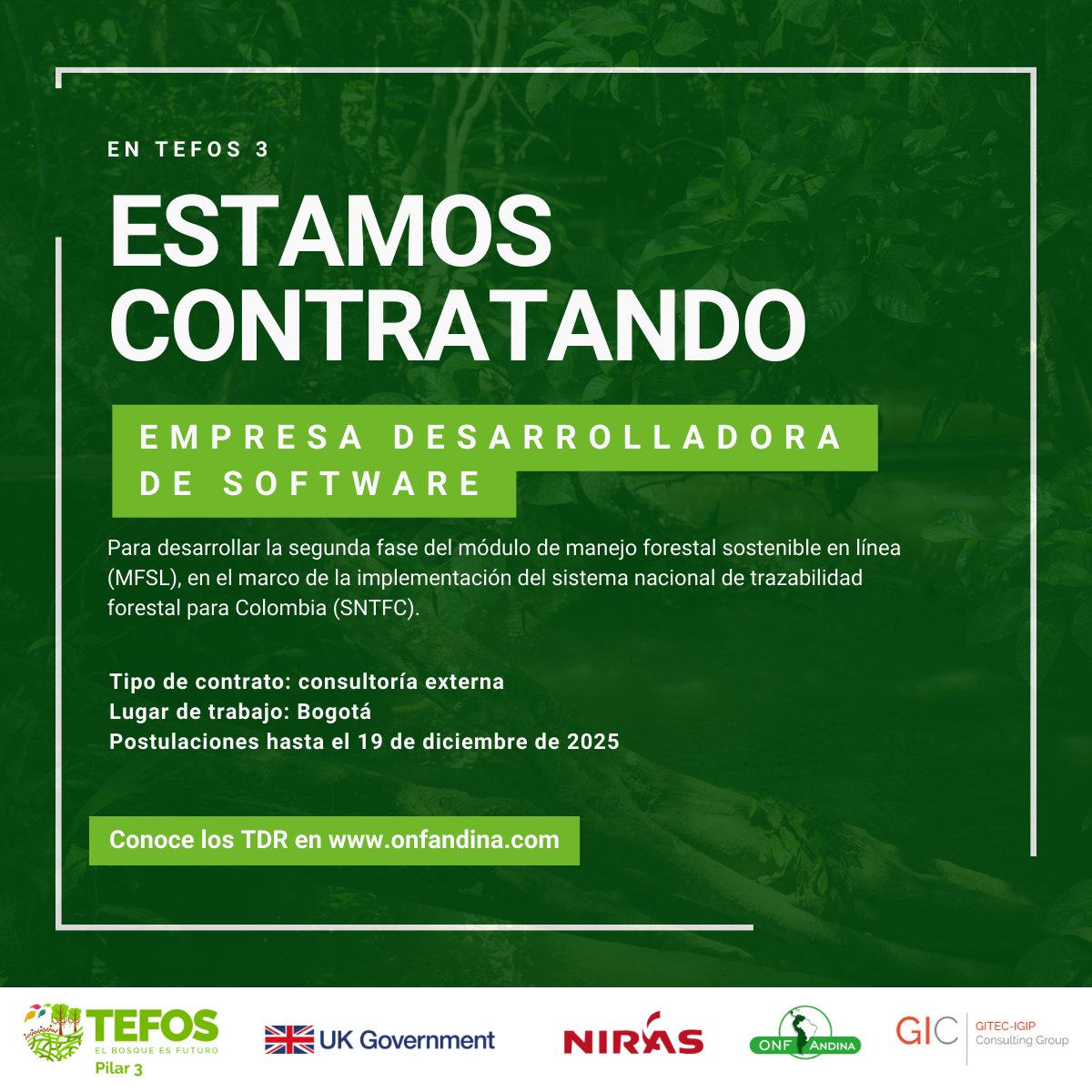 #Convocatoria 
Buscamos empresa desarrolladora para la Fase 2 del Módulo de Manejo Forestal Sostenible en Línea (MFSL).

📄 Duración: 11 meses
📍 Bogotá

Detalles y requisitos:  Terminos-de-Referencia-Fase2-Modulo-MFSL.pdf share.google/yesmx8YEOe67dE…