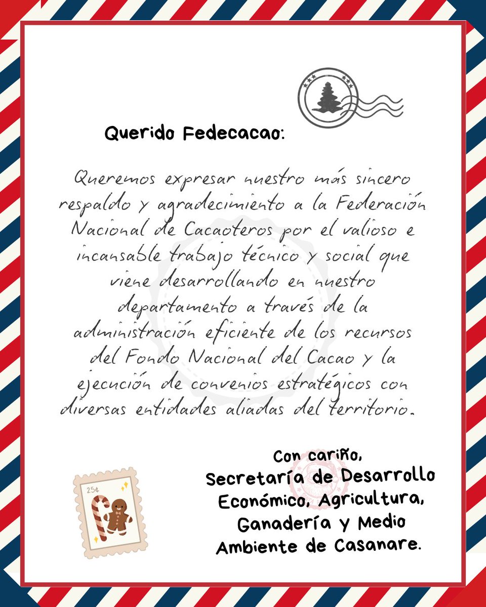¡Llegó el Correo Cacaotero desde Casanare! 💌🎄
En esta Navidad agradecemos el cariño de nuestros productores y de nuestros aliados. Compartimos con alegría las cartas que nos han enviado que reflejan su confianza en el gremio y en el trabajo que realizamos juntos.  ¡Gracias! 🎅🏼