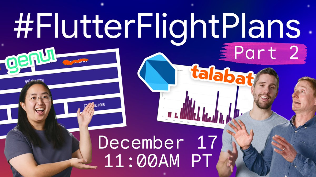 FlutterDev's tweet image. Buckle up! We’re back with another edition of #FlutterFlightPlans! ✈🩵

Tune in December 17th at 11am PT for more demos and user stories on building the next generation of apps with Flutter. Plus, we’re hosting another live Q&amp;amp;A with Dart and Flutter leads.