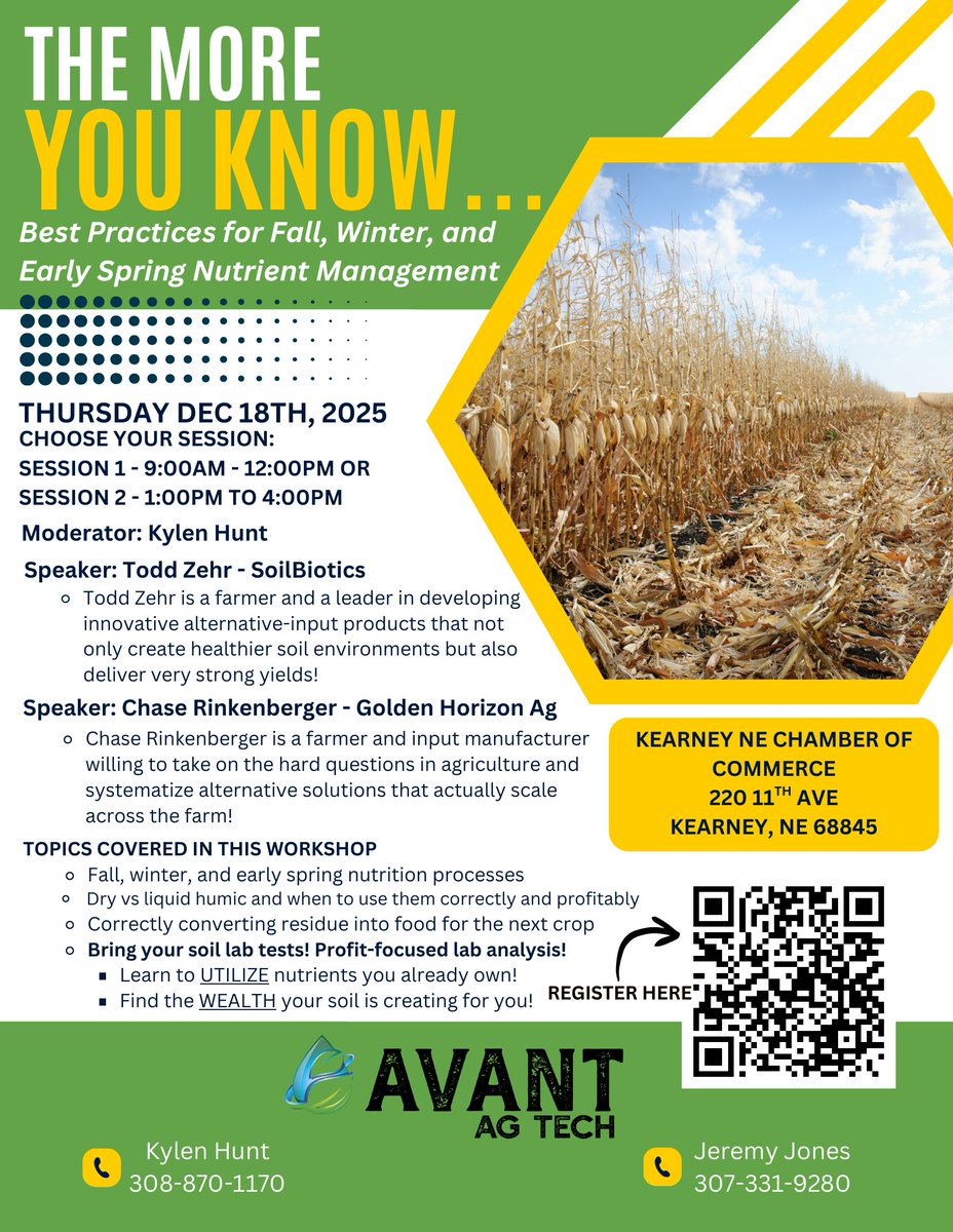 AvantAgTech's tweet image. 🌾 Turn residue into revenue.
Learn how to correctly convert residue into next year’s food with proven systems that WORK.
Join us Dec 18th | Two sessions available
Speaker spotlight: ⭐ Todd Zehr – SoilBiotics ⭐ Chase Rinkenberger – Golden Horizon Ag

Register Now!