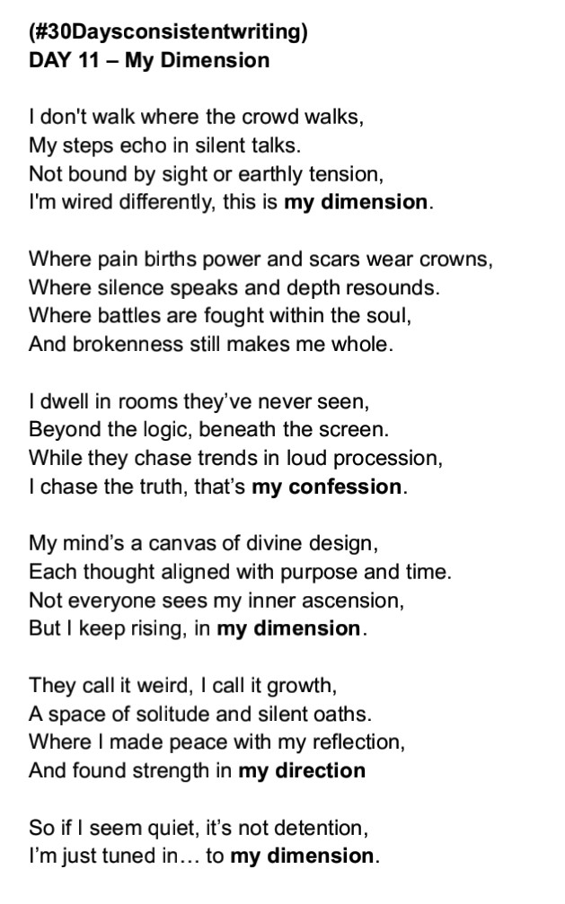 AruaGeneral's tweet image. Day 1 – #30DaysConsistentWriting
Topic: My Dimension  
It’s not pride, it’s presence. Not isolation, but elevation.  
This one’s deeply personal.  
Read, reflect, and if it speaks to you, share.  
#SpokenWord #Poetry #MyDimension