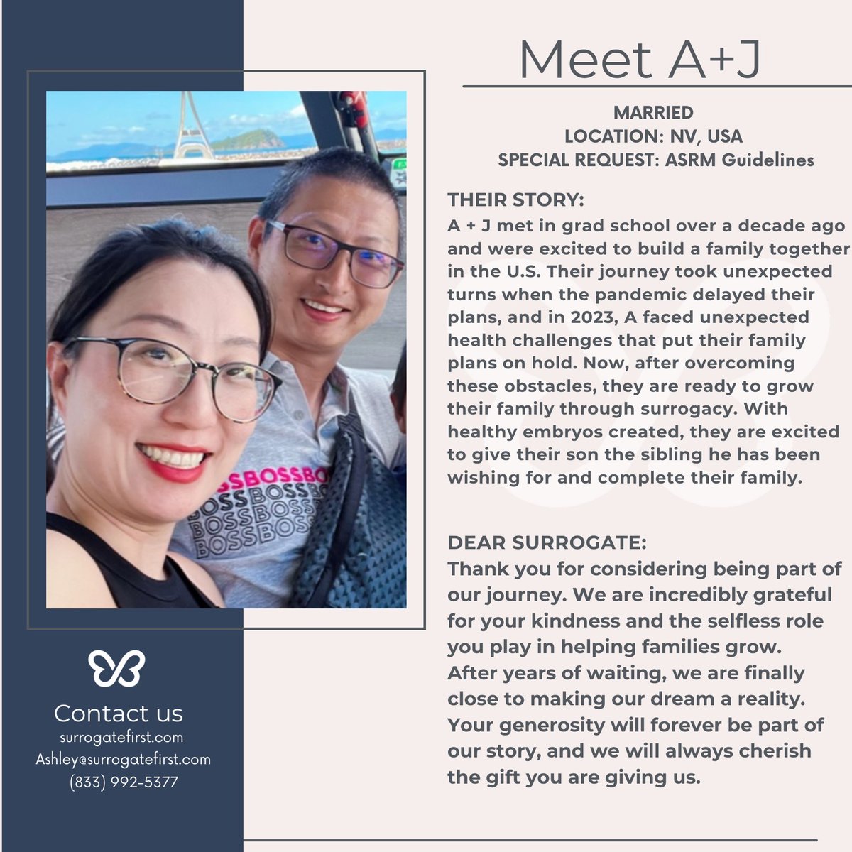 surrogatefirst's tweet photo. Meet A + J, a married couple from Nevada.
If you’re interested in helping loving intended parents like A + J build their family, learn more at https://t.co/OhFfwh13SU.

#SurrogateFirst #IntendedParents #FamilyBuilding #SurrogacyJourney #HelpingFamilies #IPSpotlight #IVFcommunity https://t.co/8nV2MiCj71