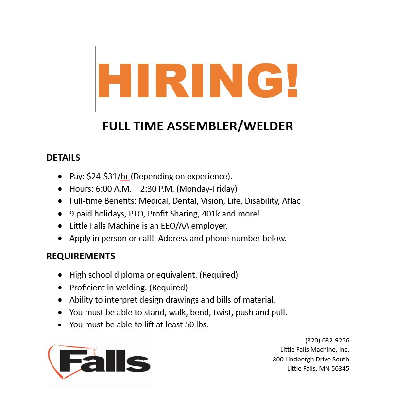 cdcmorrisonmn's tweet image. 🟠 HIRING!
#LittleFallsMachine, Inc. is seeking applicants for an #Assembler/#Welder! 
Stop in the office at 300 Lindbergh Dr. S. in #LittleFallsMN to pick up an application or call.
#GoodJobsNow #MNjobs #FullTimeJobs #FallsPlows #MorrisonCounty