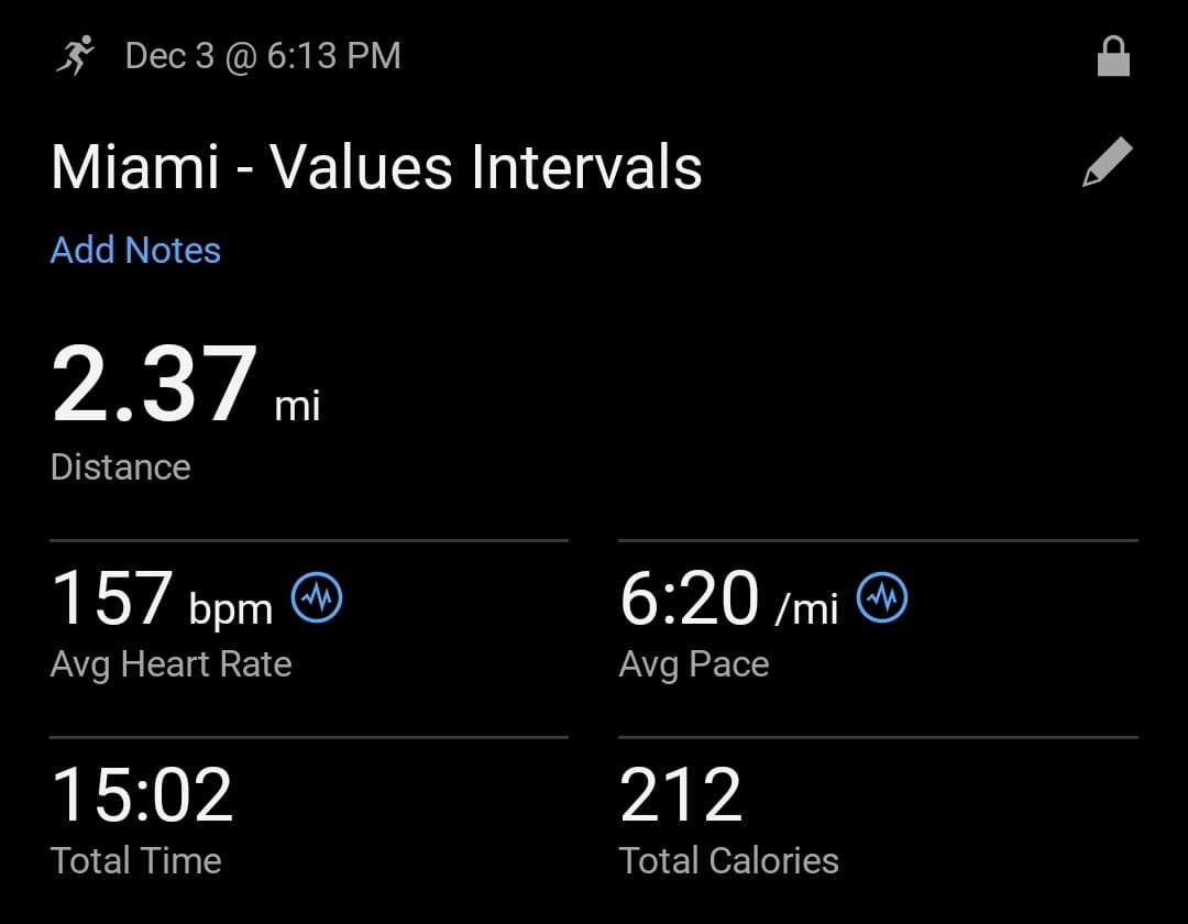 valuesplayer's tweet photo. (Dec. 3rd run)
🏆 debugged pacing issue: 9-13 minute mark when I can't see my watch very well but need to be pushing a lot harder to maintain pace. 

Great run for the Brickell route. 

🤔 Watch might be selling me short. One of the guys that finished behind me went 2.41 and he thought I was at least .05 ahead. Also, when running the Coco Grove route with one of the guys, watch put my distance ~.04 shorter than theirs as well. 

Pushing to get past the bridge next week, so I have a visual landmark 🔥