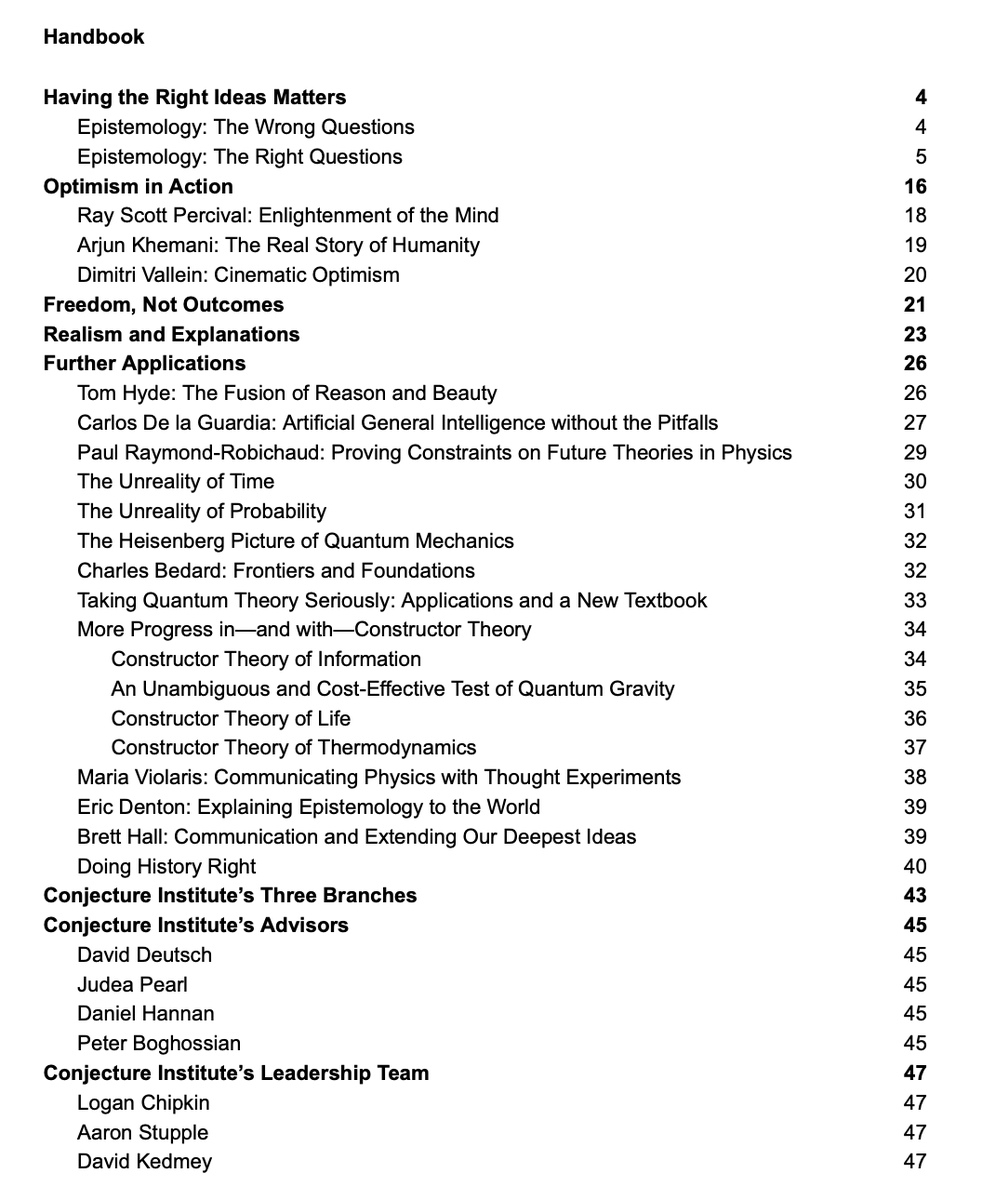 Conjecture Institute Handbook is live!

Included:

1. Our mission
2. Our worldview
3. Who we are
4. What we've done
5. What's coming

Thanks to <a href="/MoritzW42/">Moritz Wallawitsch</a>, it is easily downloadable as a PDF.

Link below 👇

Table of Contents: