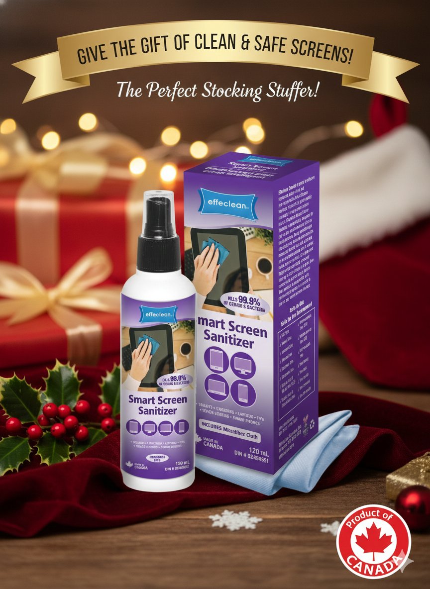 Clear screens for Christmas! ✨ Effeclean Smart Screen Sanitizer is the perfect little stocking stuffer for every tech lover. Safe, effective, and Canadian-made.

#christmasgifts🎁 #stockingstuffer #holidayshopping #giftideas  #holidayessentials