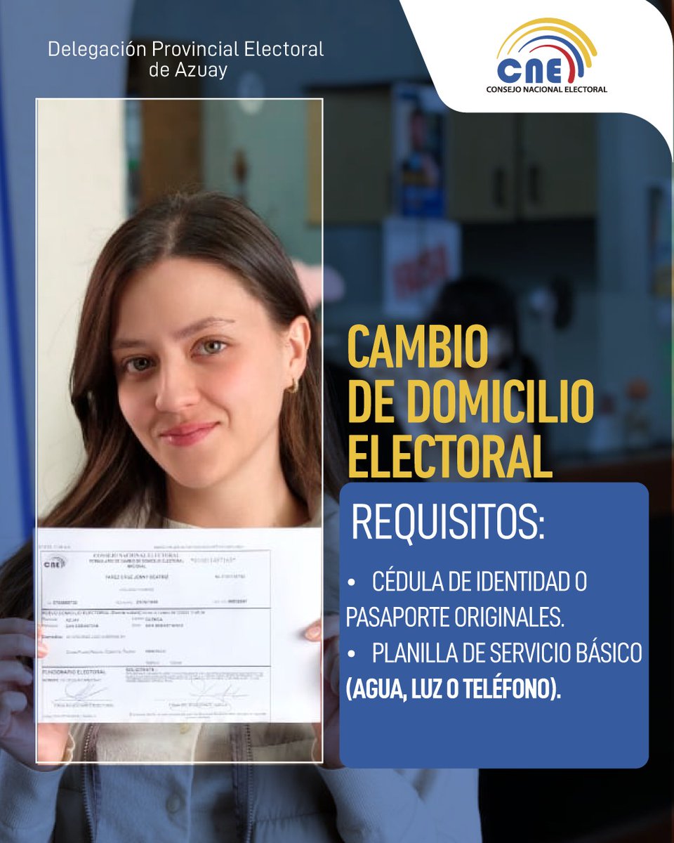 #ServiciosElectoralesEc🗳️ Realiza tu cambio de domicilio electoral de manera sencilla.

📌 Requisitos:
🪪 Cédula o pasaporte original
📑 Planilla de servicio básico (agua, luz o teléfono)