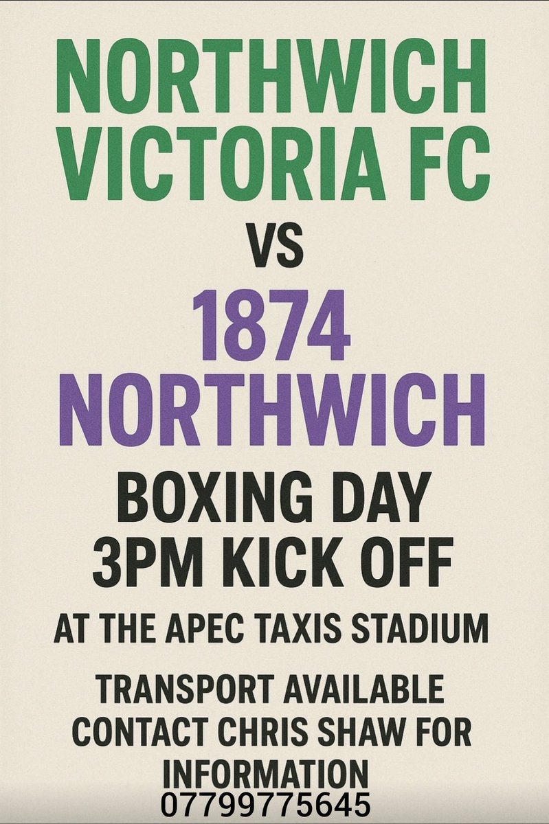 So, who's looking forward to a bit of boxing day football. Should be a cracking game between <a href="/NorthwichVicsFC/">Northwich Victoria F.C</a> and <a href="/1874Northwich/">1874 Northwich</a> at the Apec Taxis Stadium. 3pm kick off. Vics are running a bus from the town and back.