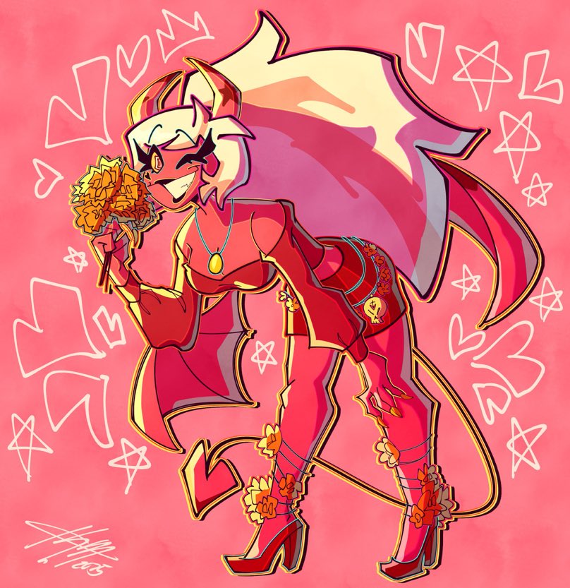 She’s here to have a fun night with you!🇲🇽🌵

And she brought flowers!!!🧡🧡🧡
Comm by the lovely <a href="/TheSpaceHatter/">💀The Hatter💀🍉</a>

Based on her outfit from @/LudoDoodle’s poster for Cinemex 

#HelluvaBossFanart #HelluvabossVerosika #HelluvaBoss #VerosikaMayday