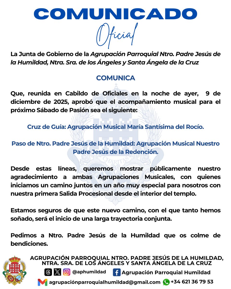 aphumildad's tweet image. 📢🟣 COMUNICADO OFICIAL || ACOMPAÑAMIENTO MUSICAL SÁBADO DE PASIÓN 2026.

#HumildadSevillaEste #RedencionporSevilla 🎼 #TDSCofrade