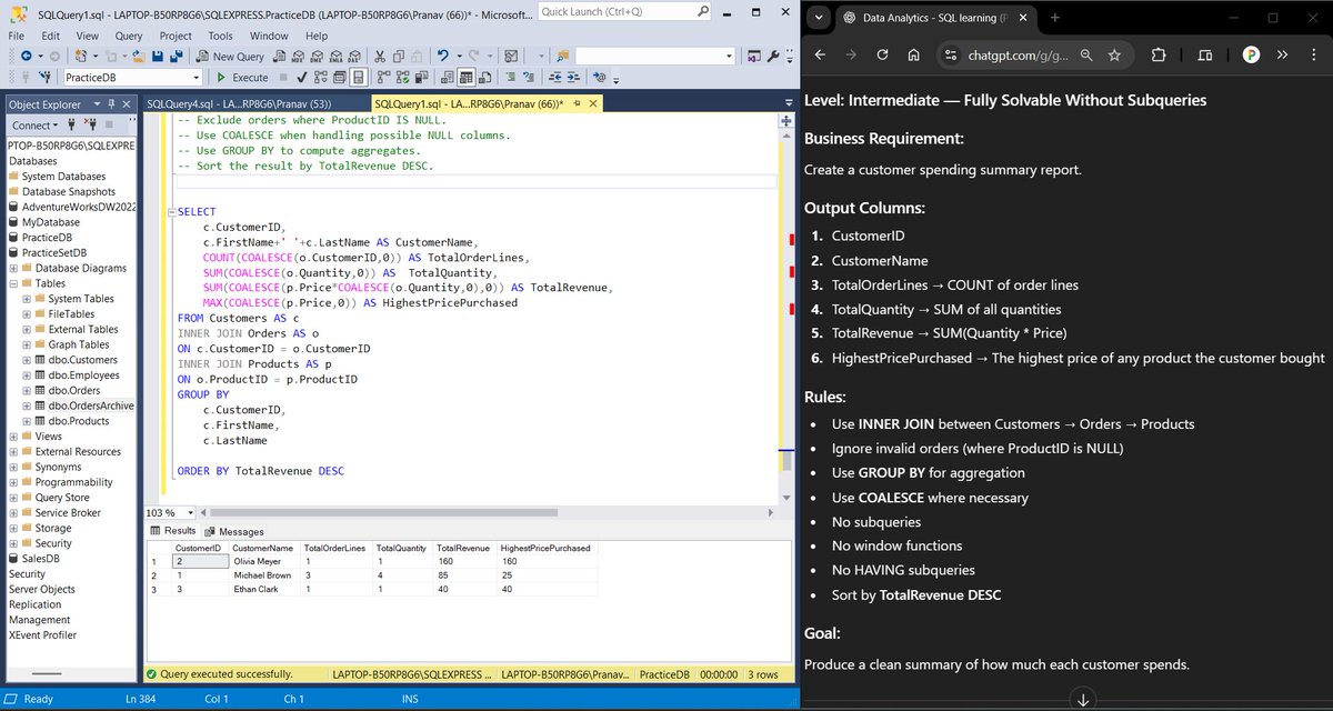PranavG_23_'s tweet image. 📅 Day 15 – Data Analytics Journey

🔹Python Revision:
• sqlite3 — connect, cursor, execute, fetch, commit

🔹SQL:
• Solved set-operator practice (UNION, UNION ALL, EXCEPT, INTERSECT)
• Built a customer-spending summary report

#DataAnalytics #Python #SQL #LearnInPublic