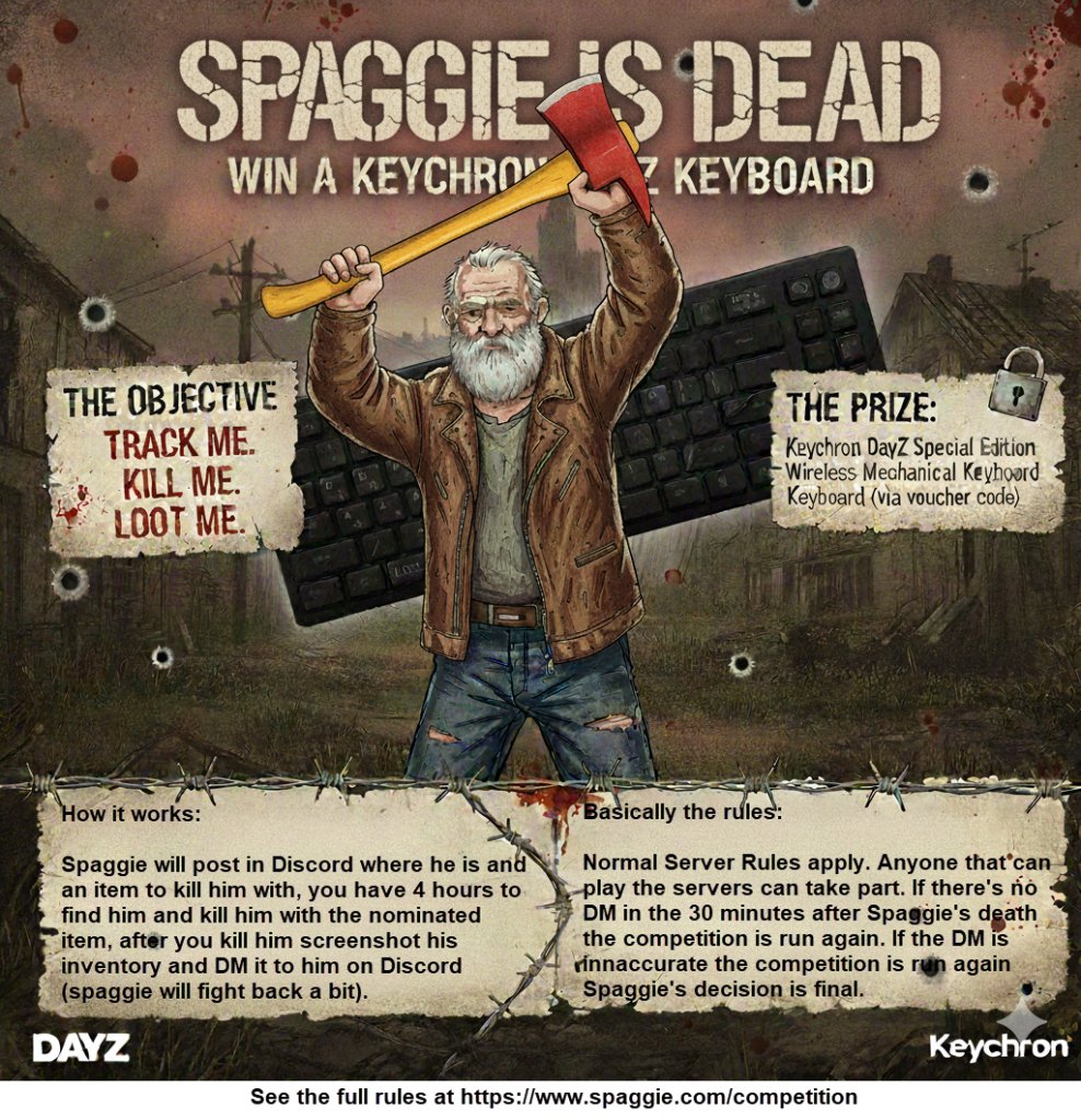 People claim <a href="/Spaggie/">Spaggie</a>  is dead, so here is your chance.
and WIN a <a href="/KeychronMK/">Keychron</a> <a href="/DayZ/">DayZ 🖥 🎮 ❤️</a> Keyboard!
Full rules and explanation on spaggie.com/competition/
Will start after the 19th of Dec. Get yo ass in the Discord. And possibly, who knows, you get more then 1 chance....