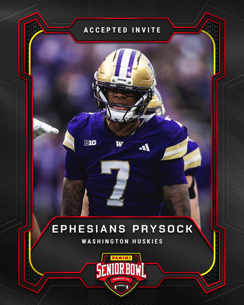 seniorbowl's tweet image. Officially Accepted!

DB Ephesians Prysock (@ephe5ian5) from @UW_Football is headed to the 2026 Panini Senior Bowl 🔥

#TheDraftStartsInMobile #WherePlayersPlay