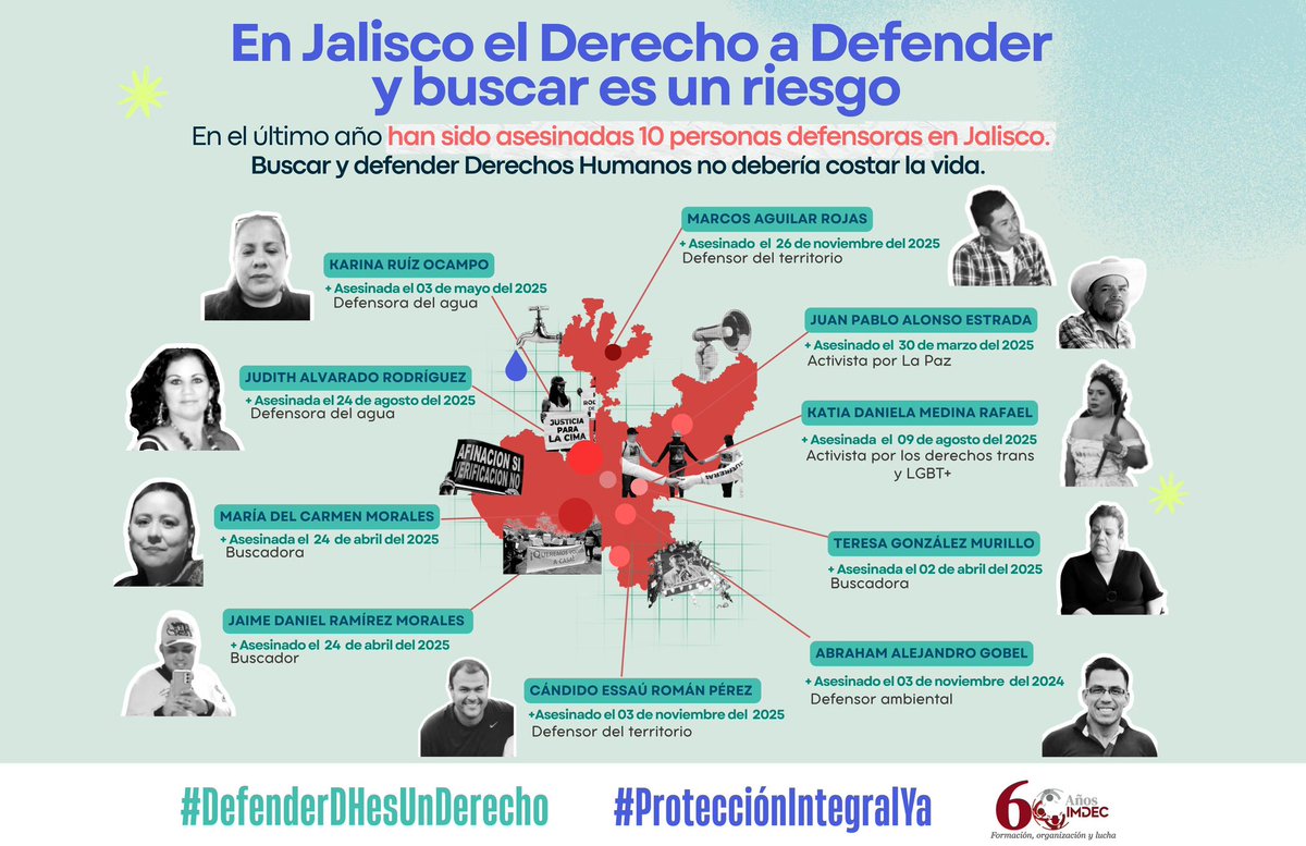 🌱#10dicembre2025| 

🕊️En el marco del Día Internacional de los #DH lanzamos la campaña en #Jalisco:

📣”Reconocerlos y nombrarlos para que no haya #Impunidad”, en  la que estaremos 
reconociendo la labor del
#DerechoADefender y exigiendo
#Justicia por los Defensorxs asesinados🙏🏽