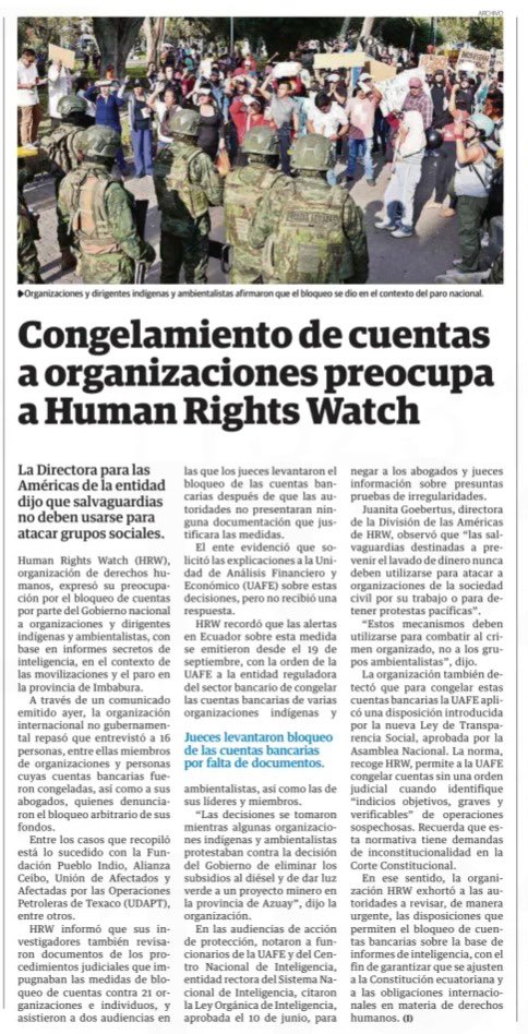 🗞️EN MEDIOS| <a href="/hrw_espanol/">Human Rights Watch</a>, expresó su preocupación por el bloqueo de cuentas por parte del gobierno a organizaciones y dirigentes indígenas y ambientalistas.
<a href="/JuanitaGoe/">Juanita Goebertus</a> <a href="/CorteConstEcu/">Corte Constitucional</a> <a href="/Ginitastar/">Gina Romero</a> <a href="/FLDAmericas/">FLD Américas</a> <a href="/MaryLawlorhrds/">Mary Lawlor UN Special Rapporteur HRDs</a>

Artículo⬇️
eluniverso.com/noticias/polit…