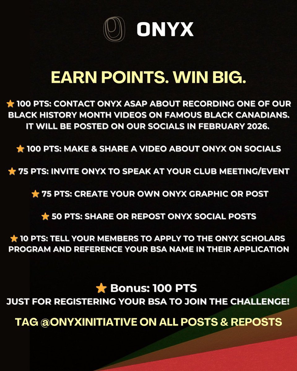 BSAs, don’t miss out on the Onyx x BSA Challenge! Earn points by recording an Onyx Black History Month Video, inviting Onyx to your campus, and amplifying our organization and services. In return, you could win BIG prizes, and make a REAL impact! DM us on Instagram for more info