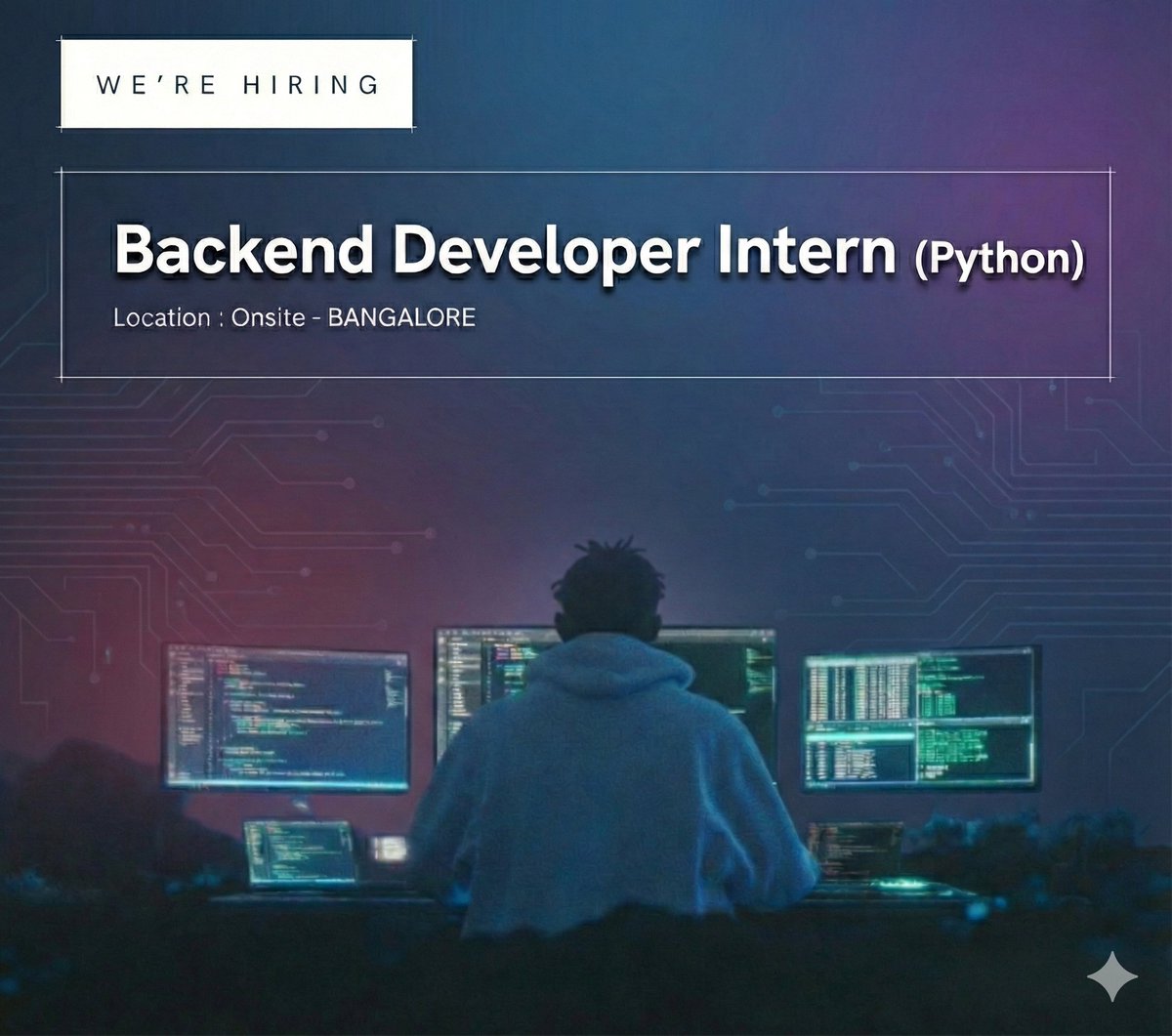 abdul__bayees's tweet photo. Hi everyone,

We are hiring for Python Developer (Full-time / Intern)

This is a mandatory work-from-office role in Bengaluru (HSR).
No college students.
Interns will receive paid internships and may be converted to full-time based on performance. https://t.co/cBTQV24Ven
