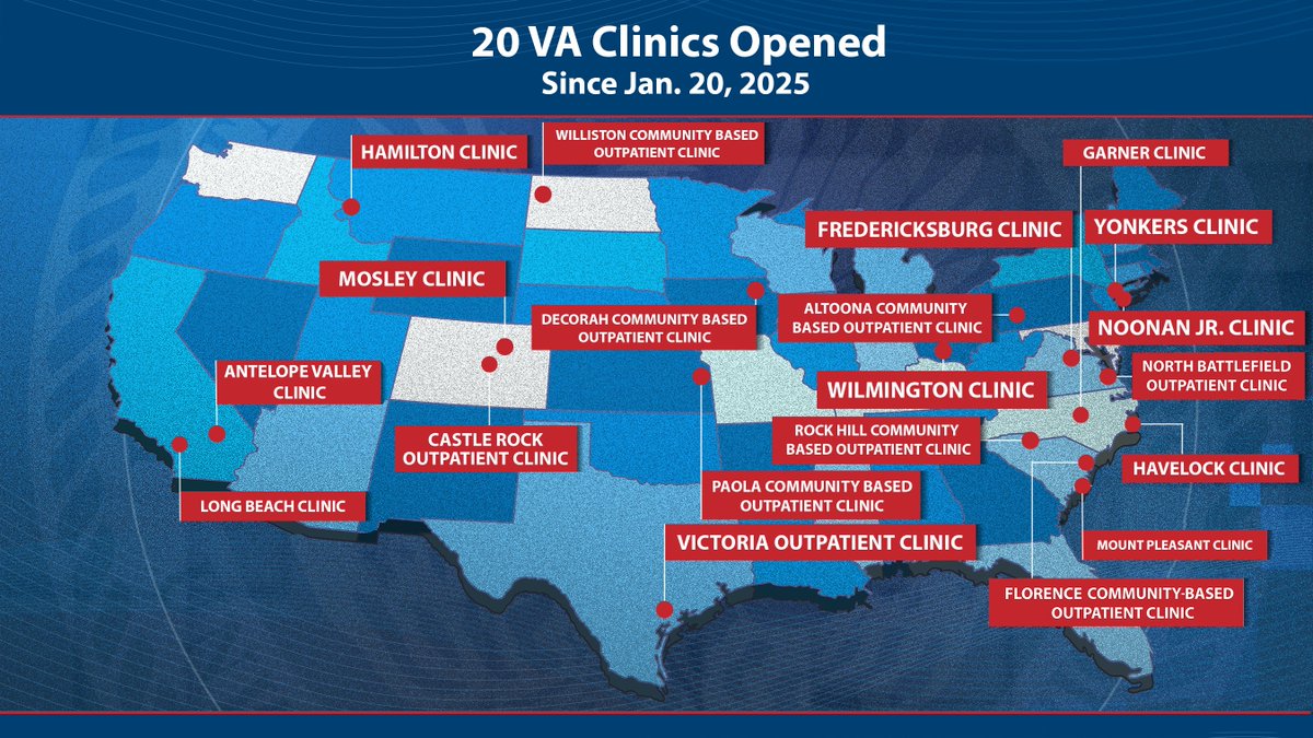 SecVetAffairs's tweet image. .@DeptVetAffairs has opened 20 new health care facilities during the second Trump Administration! Find a VA location near you here: va.gov/find-locations/