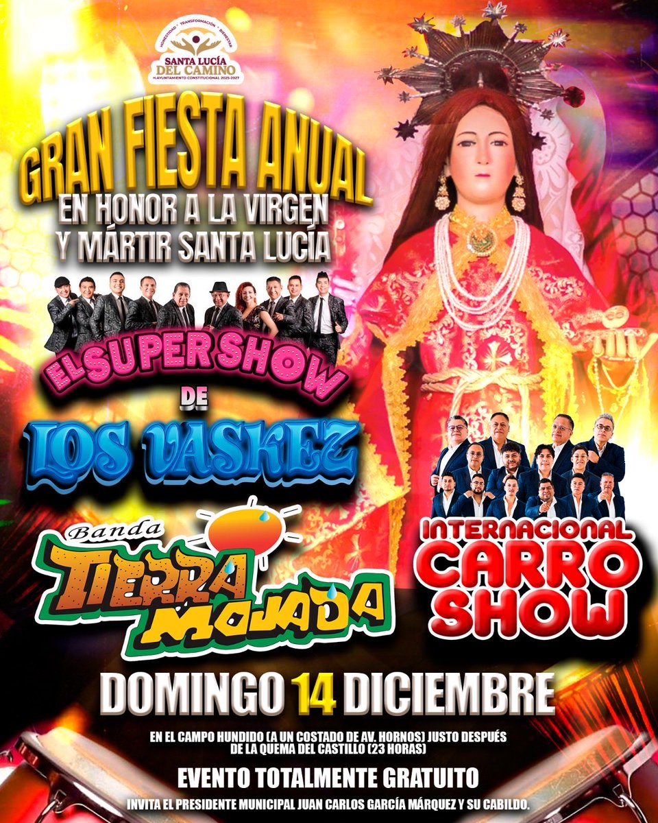 No hagas planes este 14 de diciembre y vente a bailar 🔥El edil Juan Carlos García Márquez te invita al GRAN BAILAZO DE FERIA 2025, en honor a Santa Lucía del Camino😍
Con: Carro Show, Banda Tierra Mojada y el Súper Show de los Váskez.
¡Entrada GRATIS! 🎊💃