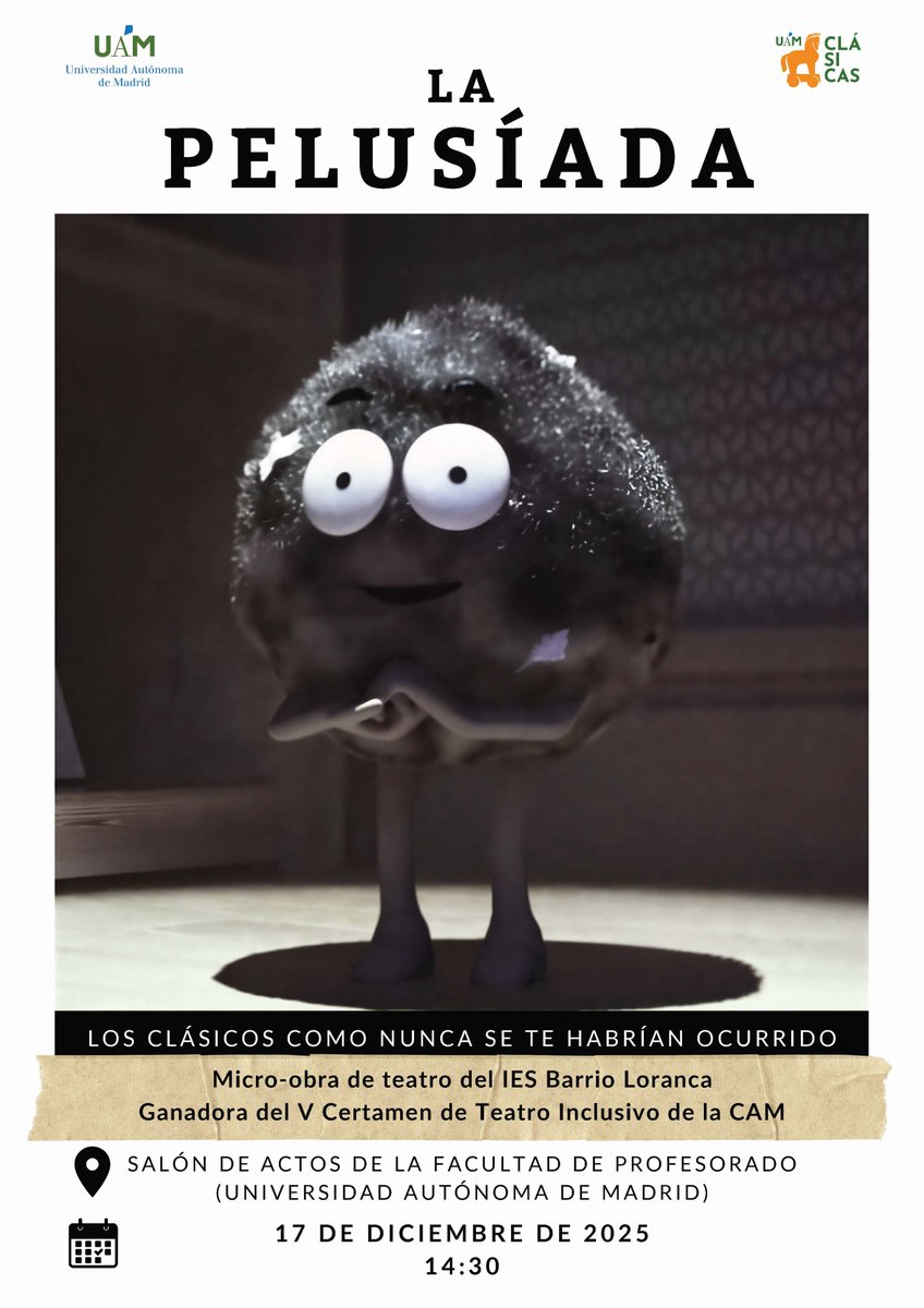 Próxima representación de La Pelusíada, una adaptación libre de clásicos grecorromanos hecha (casi) íntegramente con pelusas; la obra nos la trae el IES Barrio Loranca (1er premio del V Certamen de Teatro Inclusivo de la Comunidad de Madrid)