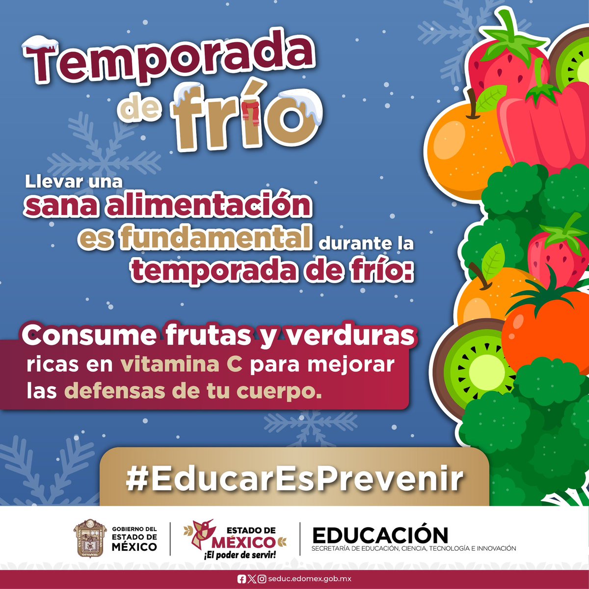 ❄️ ¡Temporada de frío, hora de reforzar tu sistema inmunológico!🛡️

🍊Asegúrate de consumir frutas y verduras ricas en vitamina C, serán tus mejores aliados para prevenir enfermedades.✨

🥦🥝🍋🥔🍅🍍🍈

#EducarEsPrevenir