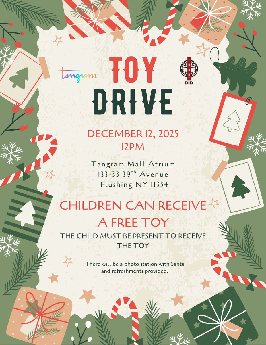 FlushingBID's tweet image. 🎁 Flushing BID Holiday Toy Drive 🎁
Join us Dec 12 at 12PM at the Tangram Mall Atrium!
Children can receive a free toy (child must be present)

Plus Santa photos and refreshments.
Let’s spread some holiday cheer, Flushing!

📍 133-33 39th Ave
#FlushingBID #ToyDrive #HolidayEvent