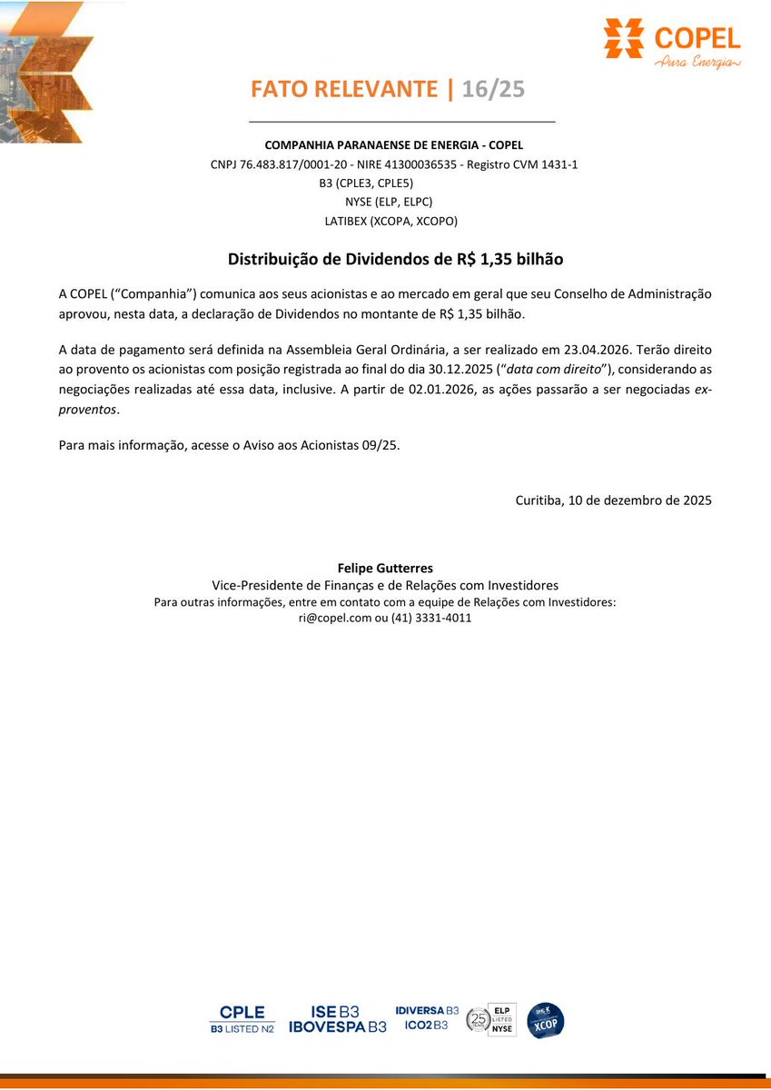AvisosDaBolsa's tweet photo. CIA PARANAENSE DE ENERGIA - COPEL - Distribuição de Dividendos de R$ 1,35 bilhão #CPLE3 #CPLE5 #CPLE6 #CPLE11 #DIVIDENDO https://t.co/N6irbGUU87