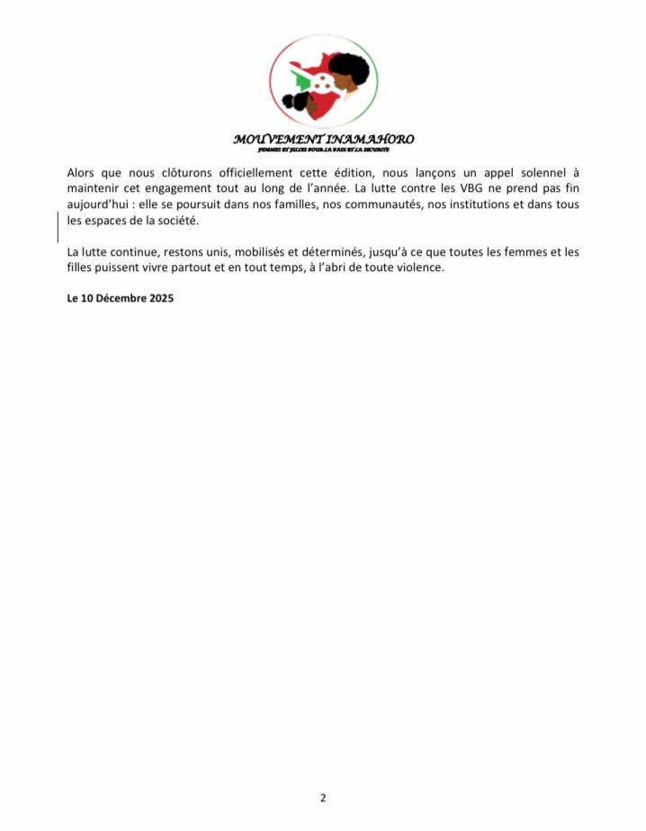 Inamahoro_Ba's tweet photo. Message du Mouvement Inamahoro à l’occasion de la clôture des 16 jours d’activisme contre les #VBG 
#16DaysOfActivism 
#EndGBV 
#StopViolenceAgainstWomen https://t.co/XAg6UlxJaq