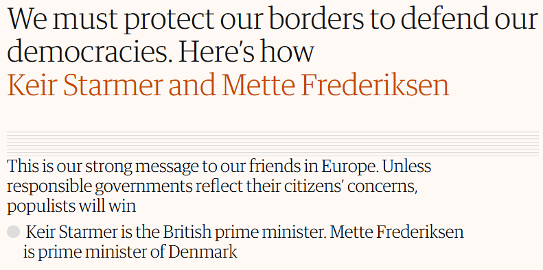 "We moeten onze grenzen beschermen om onze democratieën te verdedigen", aldus Keir Starmer (VK) en Mette Frederiksen (DK), die samen een oproep doen om ‘de interpretatie van het EVRM te moderniseren’.
Hopelijk voelen D66, <a href="/cdavandaag/">CDA</a> en <a href="/VVD/">VVD</a> bij de formatie dezelfde urgentie.