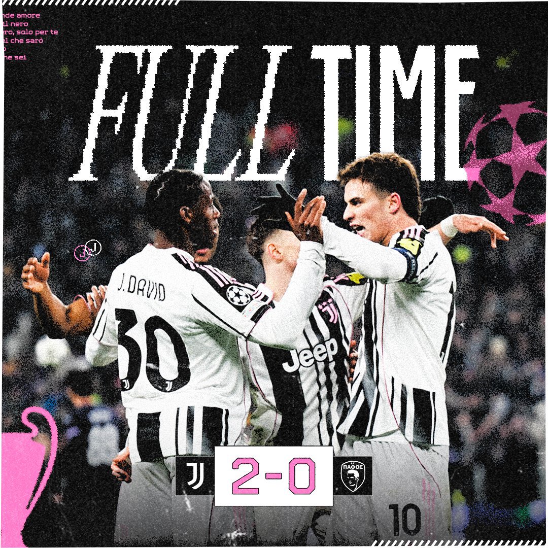 #JuvePafos
Dopo un primo tempo ai limiti della decenza, l’ingresso di #Conceicao cambia la partita e poi con il passaggio a 4 davanti con anche l’ingresso di #Openda la #Juve la vince con i gol di #Mckennie e #David
Vittoria fondamentale in chiave #Ucl che spegne i fischi