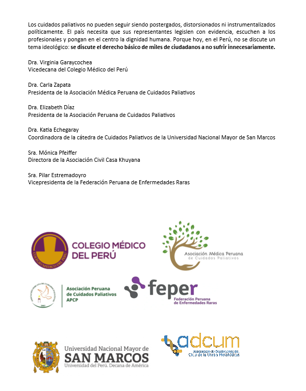 🚨Seis organizaciones de salud y de pacientes —entre ellas el Colegio Médico y la Federación Peruana de Enfermedades Raras— salieron hoy a aclarar algo básico pero esencial: los #CuidadosPaliativos NO son #eutanasia.
Esto es lo que denuncian y lo que está en juego.🧵