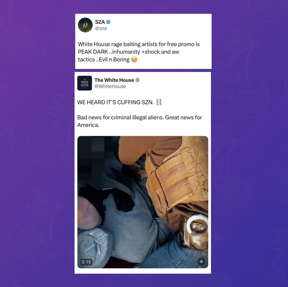 SZA reacts to the White House using her SNL song for a pro-ICE video:

"White House rage baiting artists for free promo is PEAK DARK ..inhumanity +shock and aw tactics ..Evil n Boring 🫩”