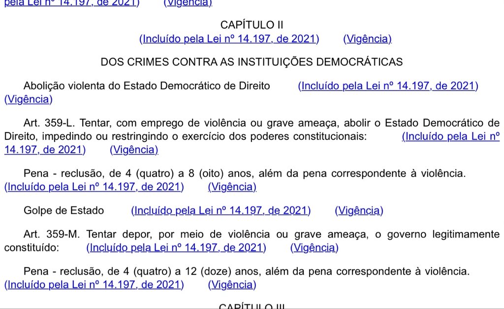 VladimirAras's tweet image. LEI DA DOSIMETRIA

O problema desse projeto de lei, impropriamente chamado de “dosimetria”, está nos seus efeitos colaterais, ainda não inteiramente mapeados.

Veja, por exemplo, este novo artigo: 

“Art. 359-M-A. Quando os delitos deste Capítulo estão inseridos no mesmo…