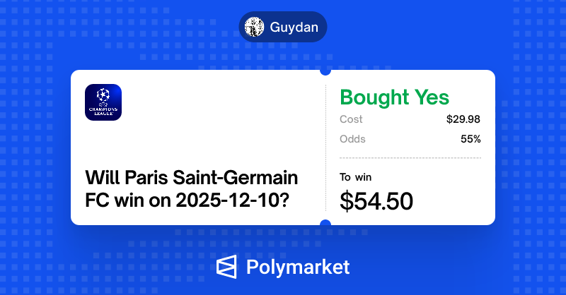 Tonight's games were wild lol
We go 1/2 with a small loss 'cause I went heavier on the wrong one 😅 
ARS -1.5✅
PSG ML❌
Weeeeee'll be back tomorrow🫡
<a href="/PolymarketSport/">Polymarket Sports</a> <a href="/Polymarket/">Polymarket</a>