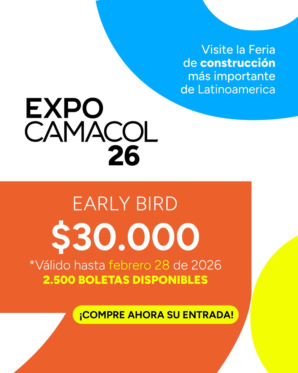 Te tenemos una gran noticia: ¡Inició la Preventa de EXPOCAMACOL 2026 con el 50% OFF! 🙌🏼🤩

Aprovecha esta oportunidad única para asegurar tu ingreso a la Feria de construcción más importante de #LATAM.

🎟️ Compre su entrada AQUÍ: bit.ly/GeneralExpoCam…

¡Nos vemos en MEDELLÍN!